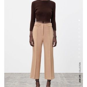 Zara Gold Button Wide Leg High Waisted Camel Trousers